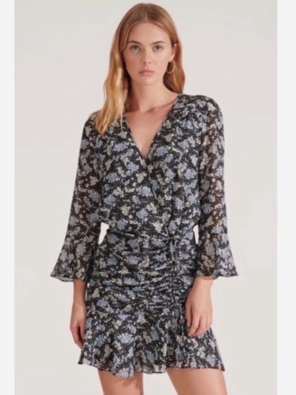 Veronica Beard Sean Floral Ruched Silk Mini Dress Black Blue Size 6